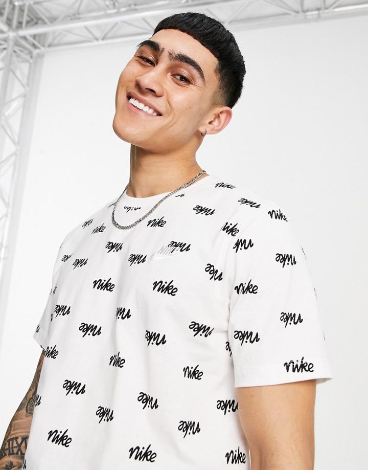 Nike Club All-over Logo Print T-shirt In White
