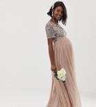 Maya Maternity Bridesmaid V Neck Maxi Tulle Dress With Tonal Delicate Sequins In Taupe Blush-brown