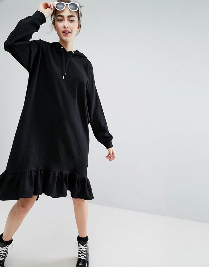 Monki Ruffle Hem Hoodie Dress - Black