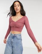 Asos Design Top With V-front And Back And Ruching In Burgundy-red