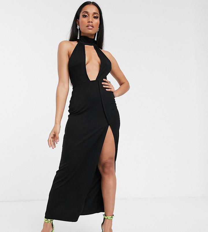 Asos Design Petite Going Out Deep Plunge Maxi Dress-black