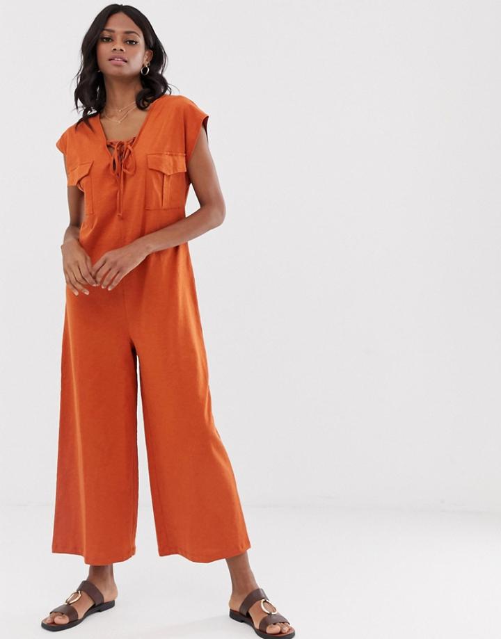 Asos Design Minimal Jumpsuit With Lace Up And Pockets-orange