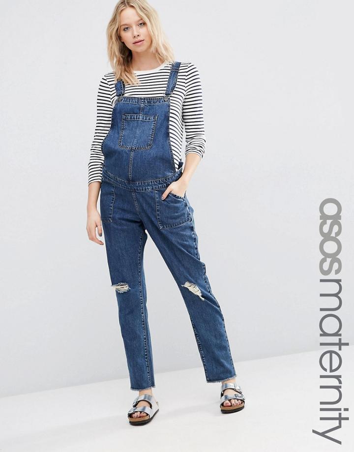 Asos Maternity Denim Overall With Rips - Blue