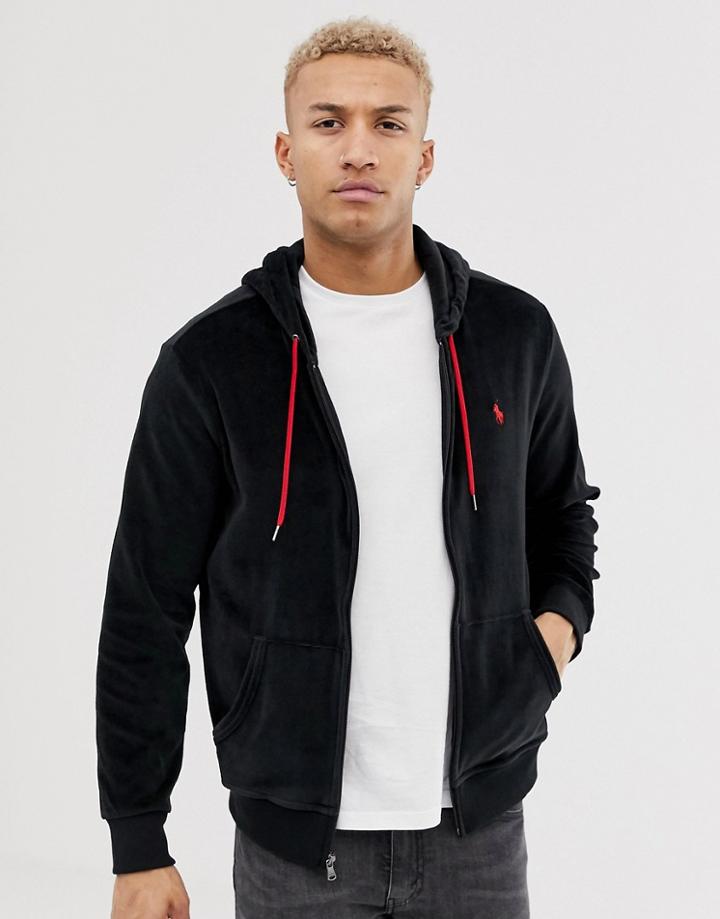 Polo Ralph Lauren Full Zip Velour Hoodie With Player Logo In Black