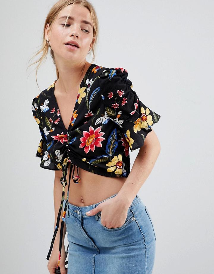 Qed London Floral Cropped Tea Blouse - Black