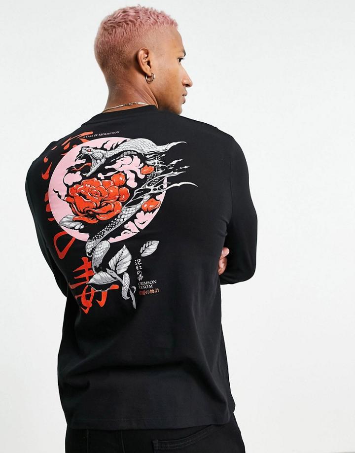 Asos Design Long Sleeve T-shirt In Black Organic Cotton With Snake Back Print