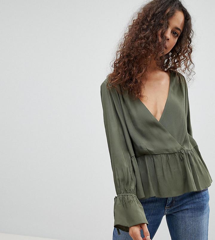 Asos Petite Oversized Wrap Blouse With Dip Hem - Green