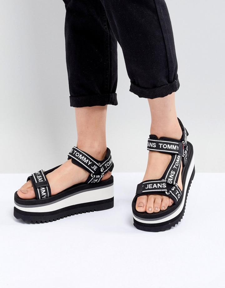 Tommy Jeans Flatform Sandals With All Over Logo Tape - Black