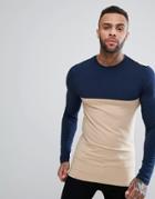 Asos Longline Muscle Fit T-shirt With Contrast Yoke And Long Sleeves - Multi