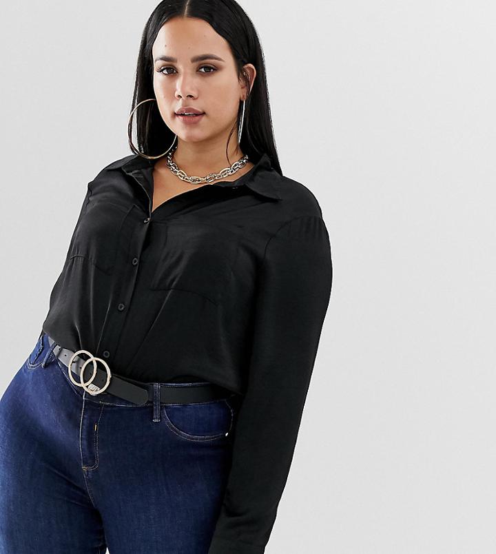 Boohoo Plus Satin Shirt In Black - Black