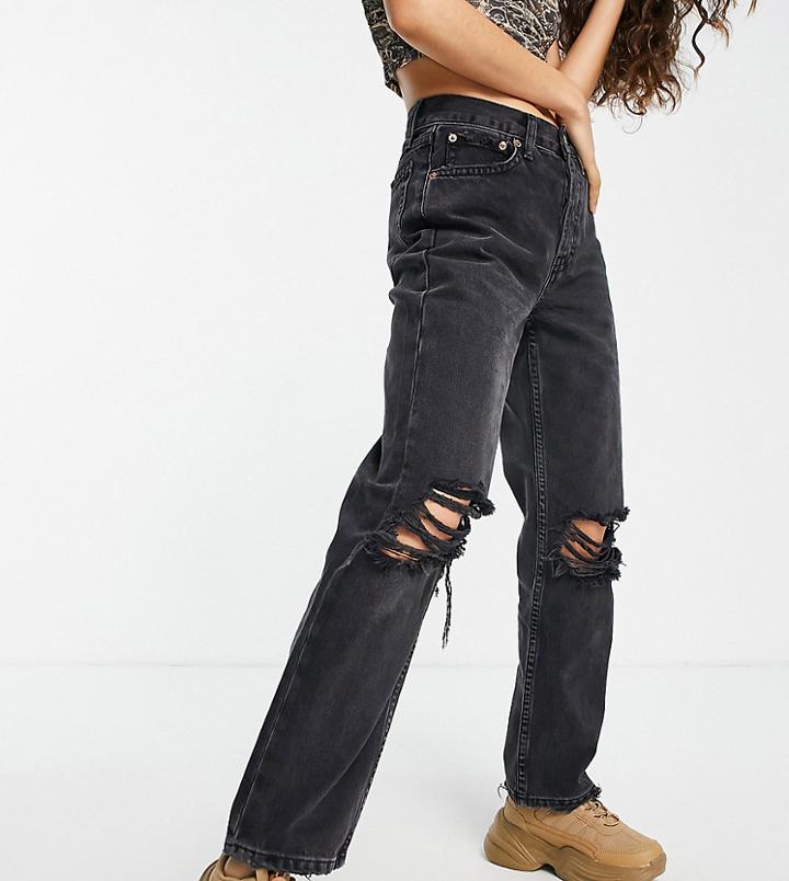 Topshop Petite Cotton Knee Rip Dad Jeans In Washed Black