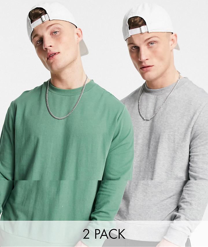 Asos Design Lightweight Sweatshirt In Green/heather Gray 2 Pack-multi