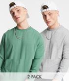 Asos Design Lightweight Sweatshirt In Green/heather Gray 2 Pack-multi