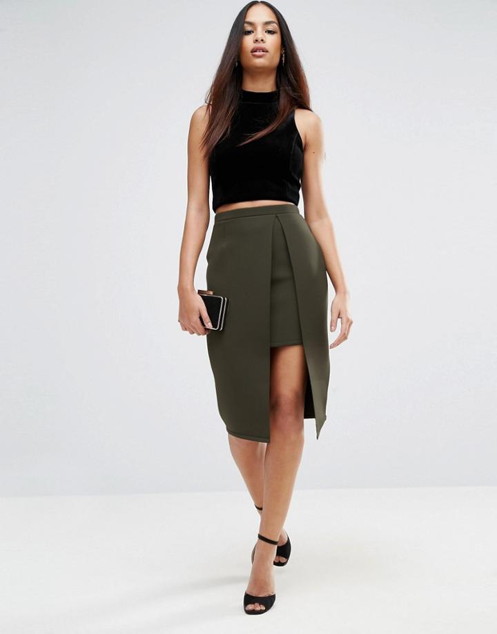 Asos Pencil Skirt In Scuba With Wrap Overlay - Green