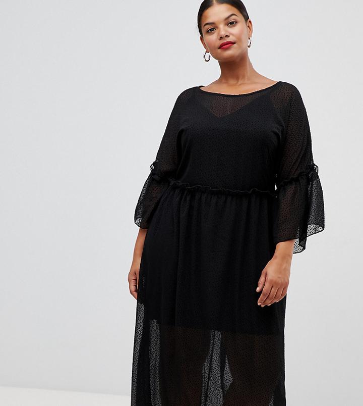 Lovedrobe Flocked Spot Midi Smock Dress-black