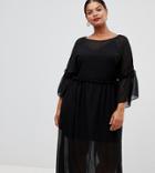 Lovedrobe Flocked Spot Midi Smock Dress-black