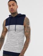Asos Design Sleeveless Muscle Hoodie With Color Blocking In Gray Interest Fabric - Gray