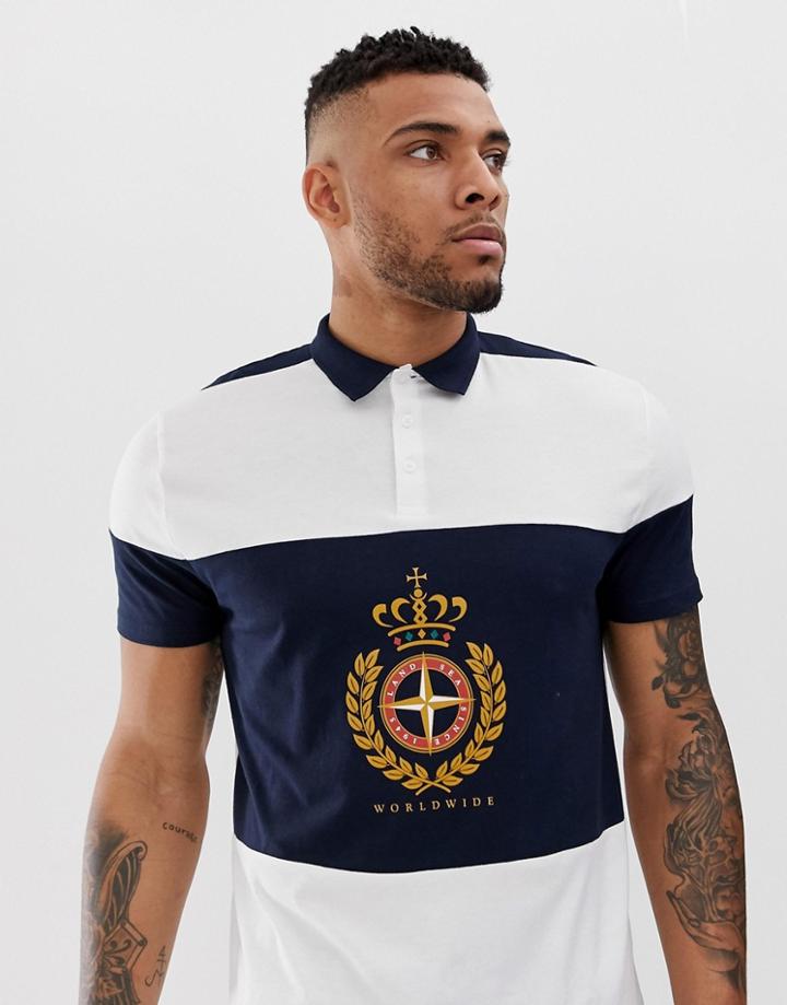 Asos Design Relaxed Polo With Color Blocking And Nautical Print - White