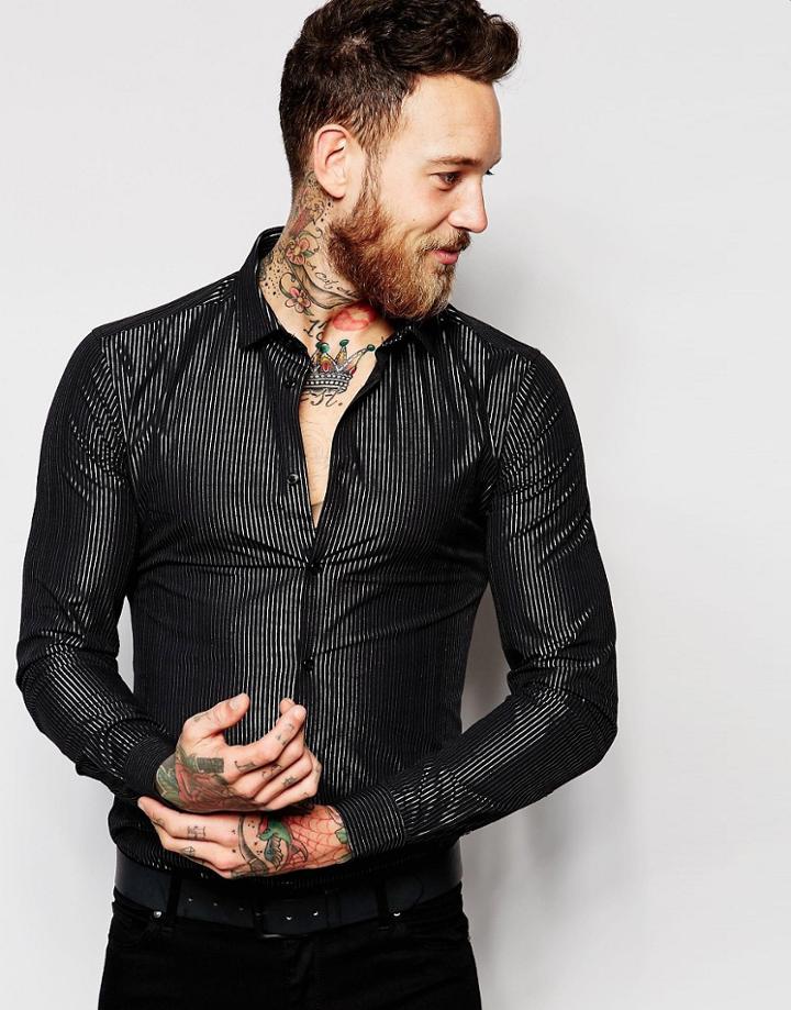 Asos Skinny Shirt With Metallic Stripe - Black