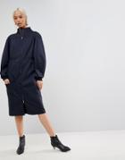 Asos White Sports Zip Through Dress With Puff Sleeve - Navy