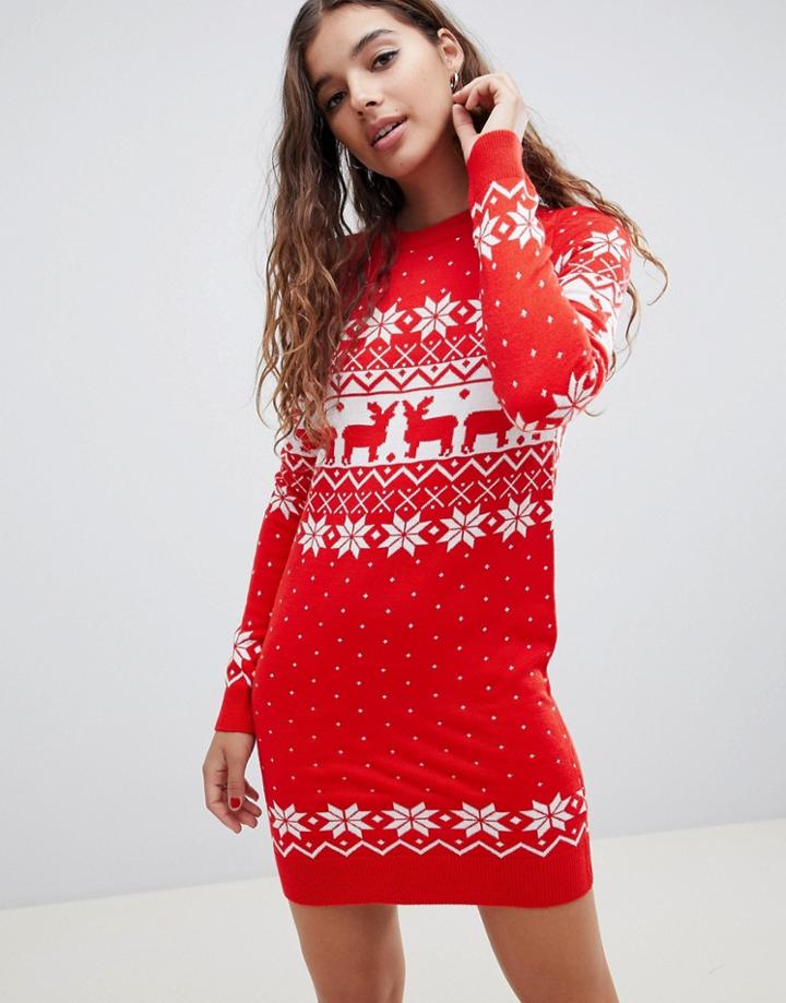 Brave Soul Jumper Dress In Reindeer Fairisle - Red