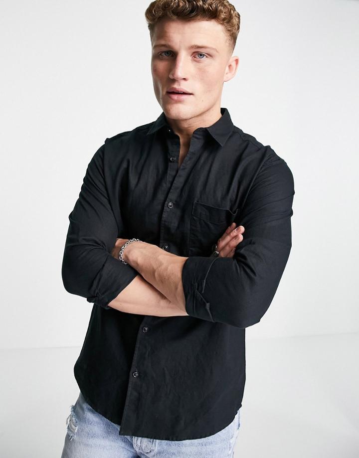 River Island Long Sleeve Linen Shirt In Black
