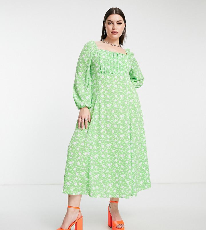 Asos Design Curve Square Ruched Neck Midi Dress In Green Floral-multi