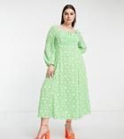 Asos Design Curve Square Ruched Neck Midi Dress In Green Floral-multi