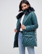 Urbancode Parka Coat With Onion Quilting And Faux Fur Hood - Green