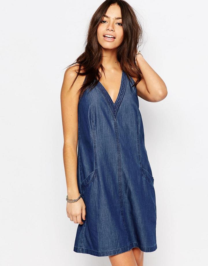 Esprit V Neck Denim Smock Dress - Dark Blue