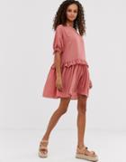 Asos Design Mini Smock Dress With Frill Waist And Tie Sleeve - Pink