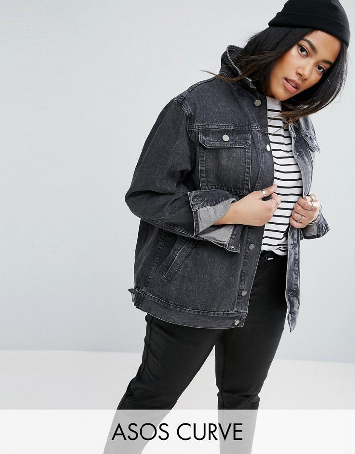 Asos Curve Denim Girlfriend Jacket In Washed Ozzy Black - Black