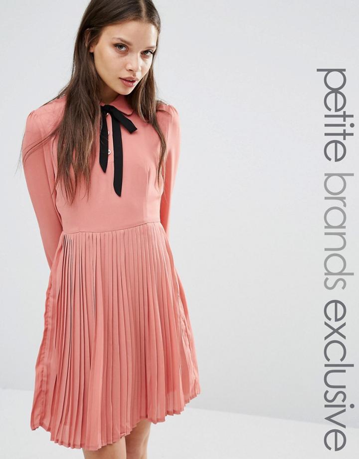 Fashion Union Petite Diana Pleated Skater Dress With Bow Tie - Pink