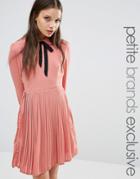 Fashion Union Petite Diana Pleated Skater Dress With Bow Tie - Pink