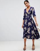 Liquorish Floral Print Wrap Midi Dress - Navy