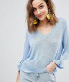Vero Moda V Neck Knitted Sweater With Ruffle Sleeve - Blue