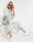 Asos Design Jersey Wrap Smock Textured Frill Sleeve Jumpsuit In Mint Green