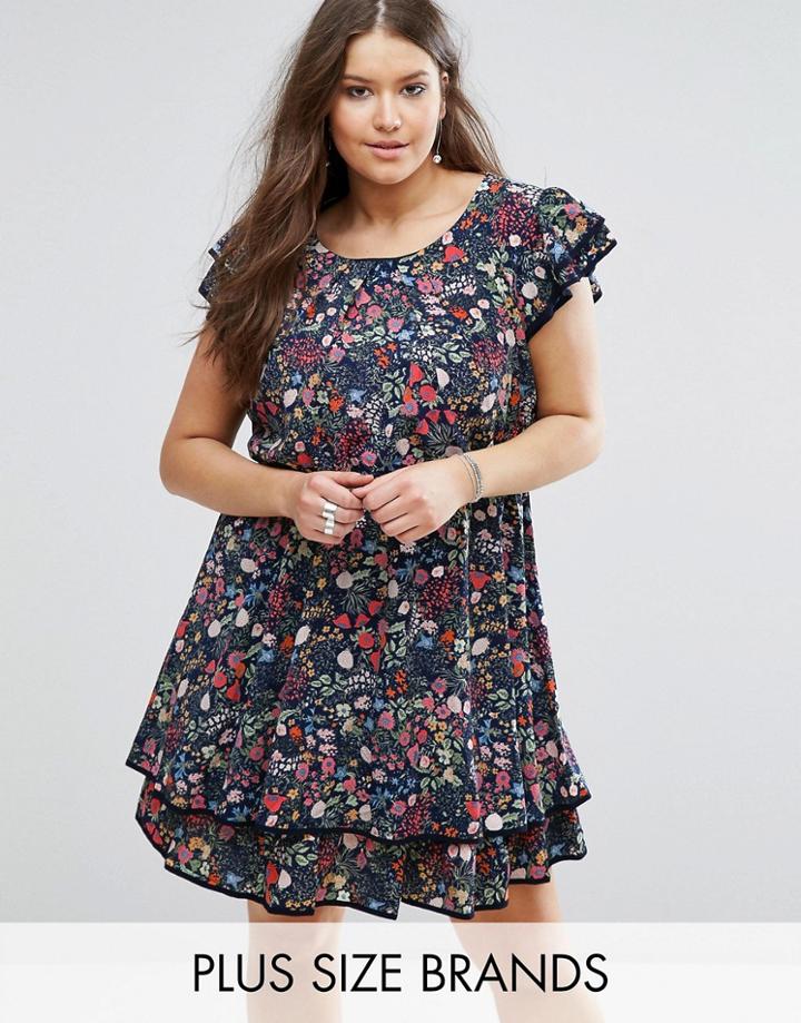 Koko Plus Skater Dress With Frill Hem In Garden Floral Print - Navy