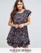 Koko Plus Skater Dress With Frill Hem In Garden Floral Print - Navy