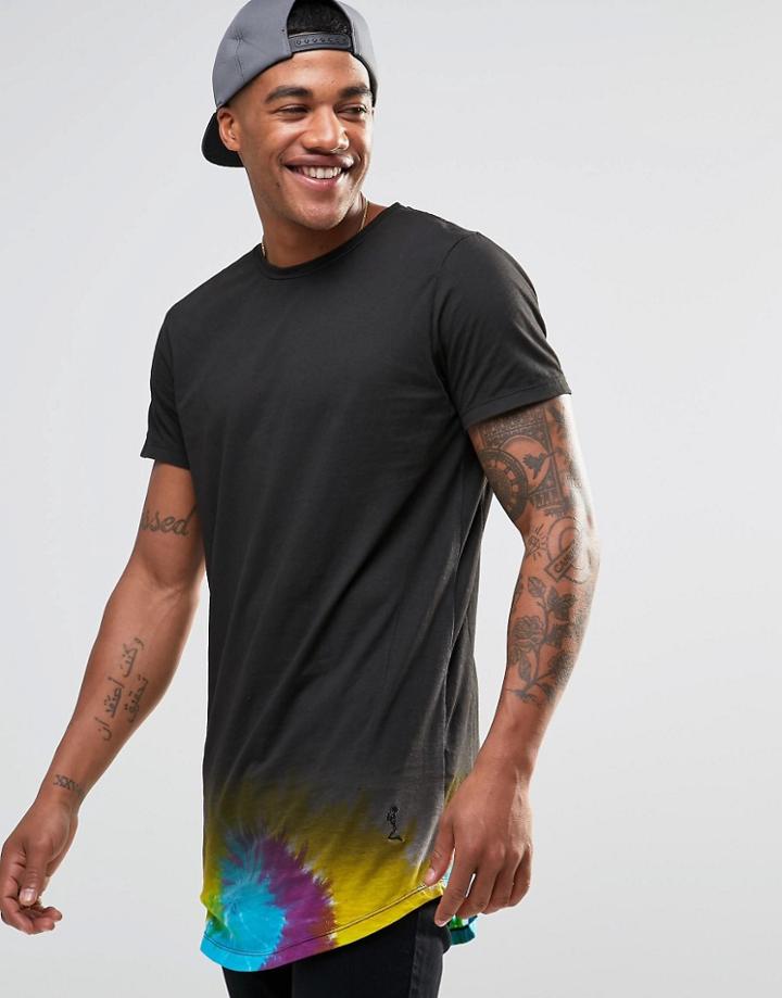 Religion Longline Tye Dye Curved Hem T-shirt - Black