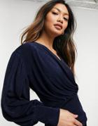 Closet London Wrap Blouse Top With Volume Sleeve In Navy