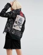 Tripp Nyc Bleach Effect & Patch Punk Denim Jacket - Black