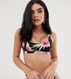 River Island Cami Bikini Top With Square Neck In Tropical Print - Cream