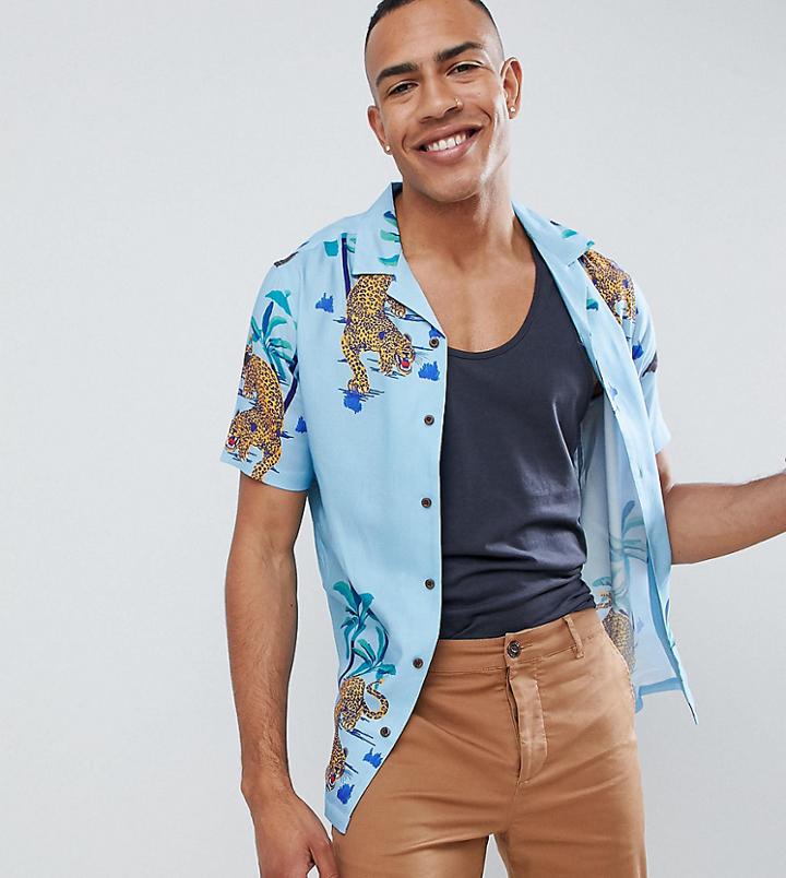 Asos Design Tall Regular Fit Shirt With Cheetah Hem Print In Blue - Blue