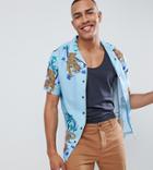 Asos Design Tall Regular Fit Shirt With Cheetah Hem Print In Blue - Blue