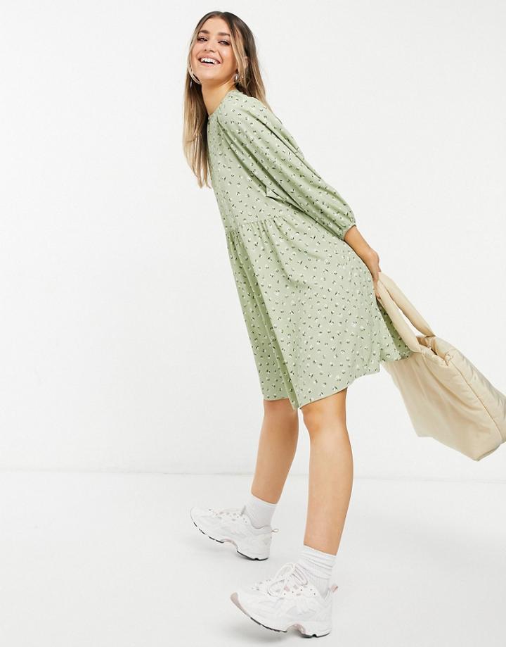 Monki Rosali Long Sleeve Mini Smock Dress In Green Floral