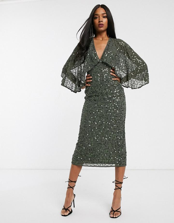 Asos Design Midi Dress With Cape Kimono Sleeve In Scatter Sequin-purple