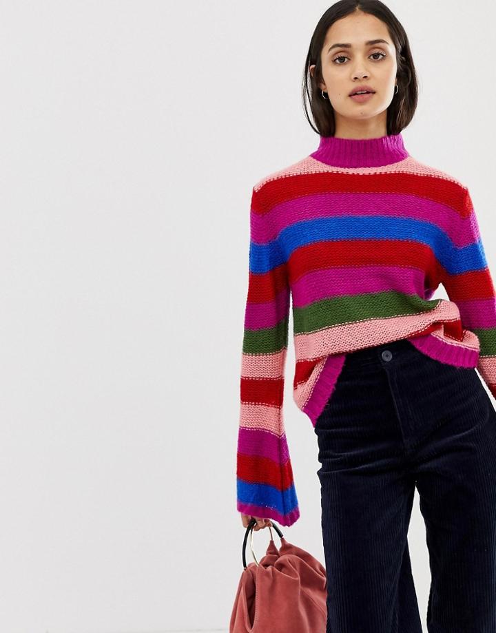Qed London Fluffy Striped Flared Sleeve High Neck Sweater-multi