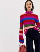 Qed London Fluffy Striped Flared Sleeve High Neck Sweater-multi