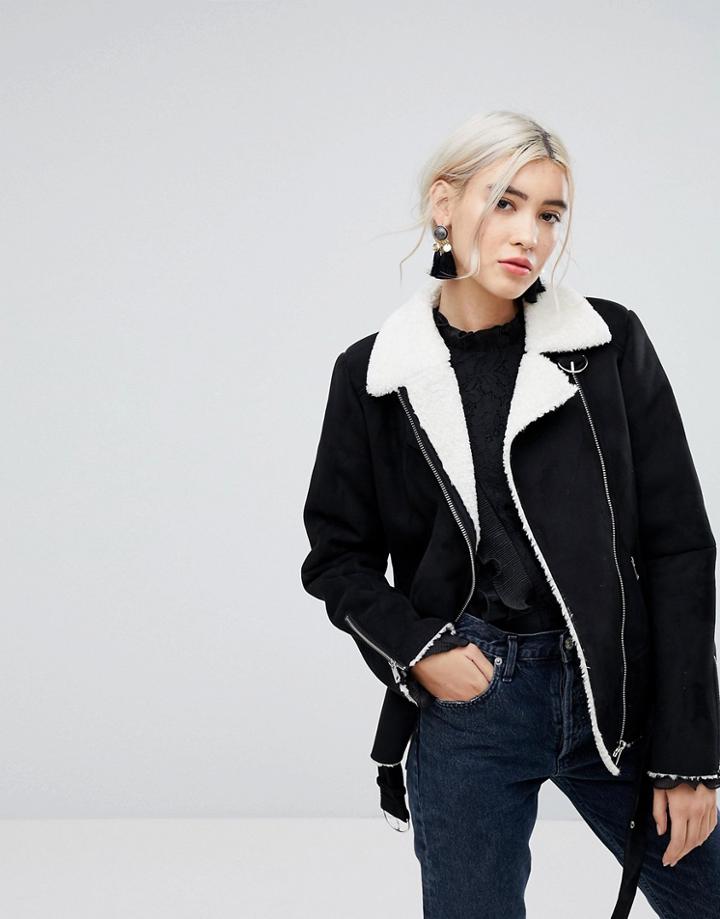 Vila Shearling Belted Jacket - Black